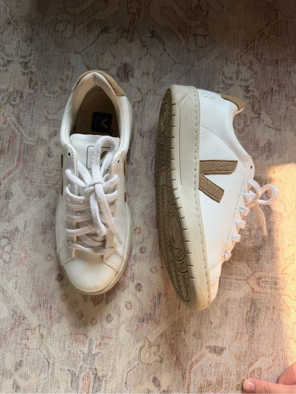 Veja Women Leather Sneakers in White with Tan Accents
